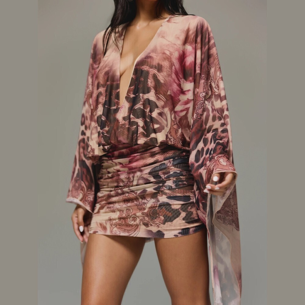 Tan Leopard Floral Print Deep V Neck Draped Batwing Sleeve Mini Dress